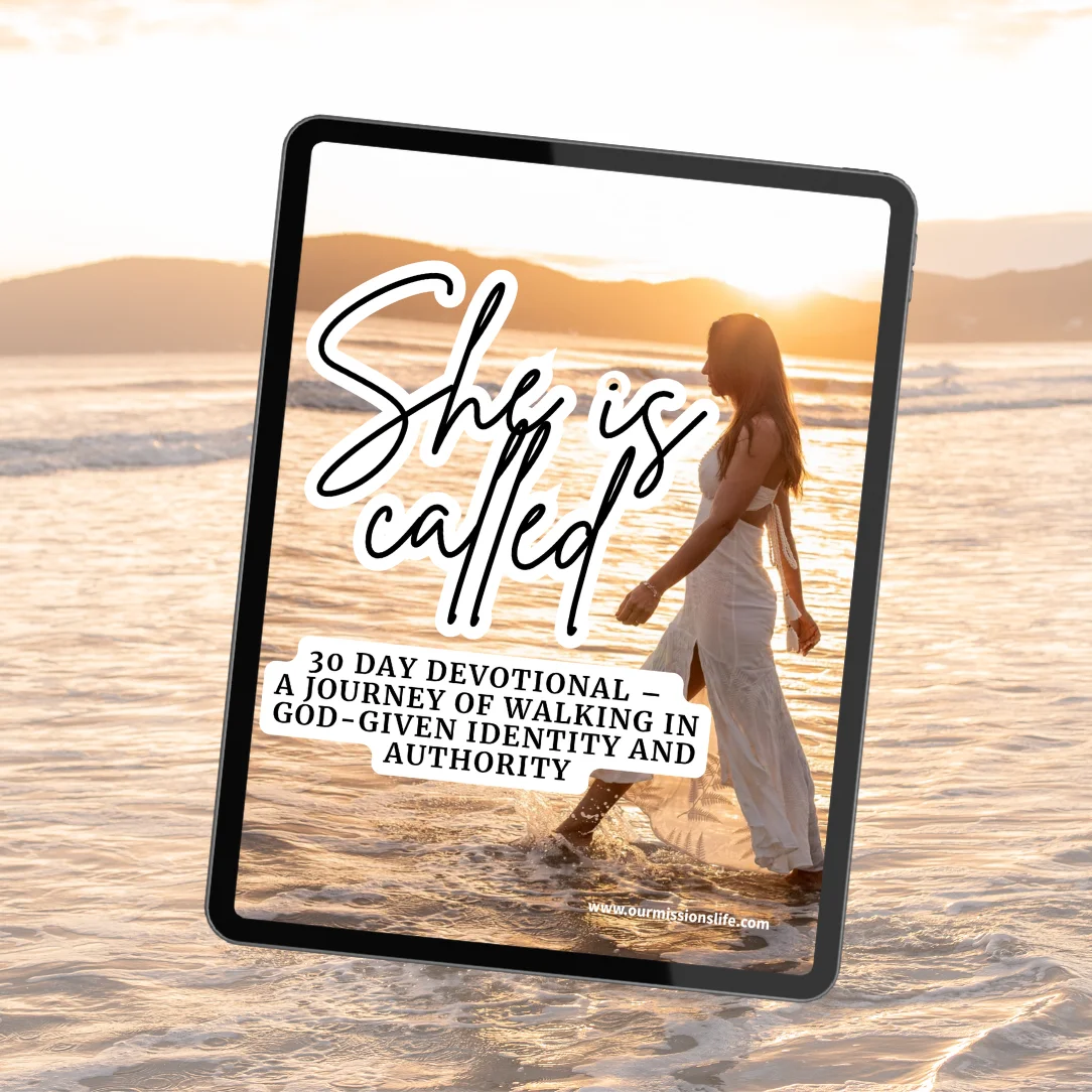 She Is Called Christian identity devotional for women 30 day PDF on tablet with beach background